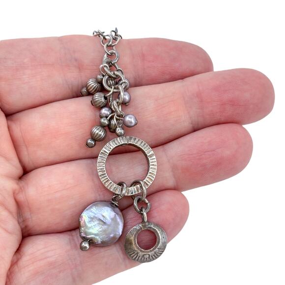 Purple Pearl Dangle Necklace | Sterling Silver 925 Layered Chain 17” - Picture 1 of 10